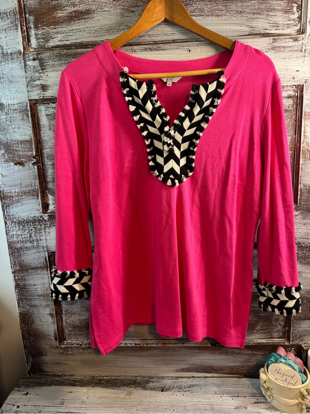 crown & ivy Hot Pink Tunic with Black & White Chevron Trim